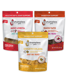 SHAMELESS PETS Duck-Tato, chickn colada, Moo Lobsta Jerky Bite Dog Treats Variety Pack, 3 cT