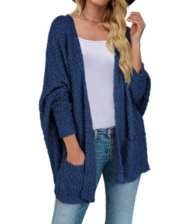 Merokeety Womens Fuzzy Popcorn Batwing Sleeve Cardigan Knit Oversized Sherpa Sweater Coat A-Navy
