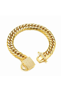 Aiyidi Gold Dog Chain Collar Strong Double Cuban Link Chain Collar with Zirconia Lock Luxury Dog Necklace,Stainless Steel 16MM Dog Collar for Medium Large Dog (20'')