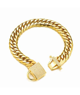 Aiyidi Gold Dog Chain Collar Strong Double Cuban Link Chain Collar with Zirconia Lock Luxury Dog Necklace,Stainless Steel 16MM Dog Collar for Medium Large Dog (20'')
