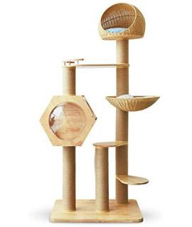 BAOFI Cat Scratching Post Activity Centre, Cat Tree Tower Condo Solid Wood Large Cat Condo, Natural Sisal Cat Scratching Post, Cat House with Transparent Acrylic Window, Rattan Woven Cat Nest
