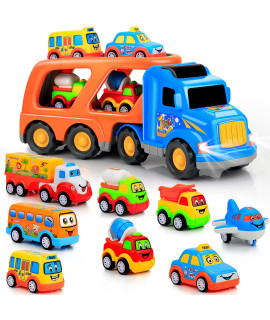 9 Pcs Cars Toys For 2 3 4 5 Years Old Toddlers, Big Carrier Truck With 8 Small Cartoon Pull Back Cars, Colorful Assorted Vehicles, Transport Truck With Sound And Light, Best Gift For Boy And Girl