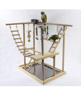 2 Layer Bird Perches Parrot Playstand Bird Play Stand Training To Relieve Boredom Station Cockatiel Playground Wood Perch Gym Playpen Ladder With Feeder Cups Toys Exercise Play 47.5X32.5X53Cm