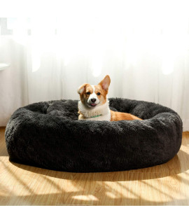 JMHUND Shag Vegan Fur Donut comfortable Dog Bed for Medium Dogs, Large calming cuddler Ultra Soft Washable Pet cat Mat, Round Fluffy Self-Warming cushion Bed,32 Black
