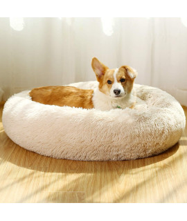 JMHUND Shag Vegan Fur Donut comfortable Dog Bed for Medium Dogs, Large calming cuddler Ultra Soft Washable Pet cat Mat, Round Fluffy Self-Warming cushion Bed,26 Beige