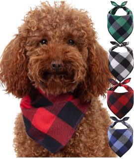 Odi Style Buffalo Plaid Dog Bandana 4 Pack - cotton Bandanas Handkerchiefs Scarfs Triangle Bibs Accessories for Small Medium Large Dogs Puppies Pets, Black and White, Red, green, Blue and Navy Blue