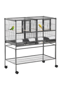 PawHut Divided Breeder Bird Cage with Rolling Stand Removable Metal Tray, Storage Shelf, Wood Perch, and Food Container