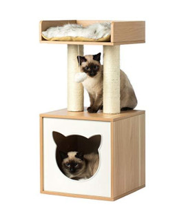 Cat Tree House Condo Cube Cave Platform Scratcher Post and Ball Toy - Natural MDF