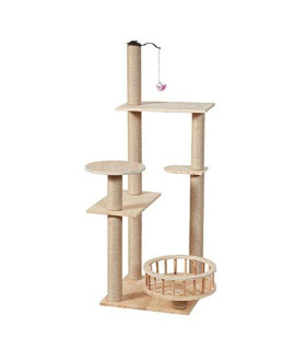 Zyle 49.2 Inches Cat Tree Modern Wooden Cat Furniture Featuring 2 Dangling Toys Sisal-Covered Scratching Posts And Perch