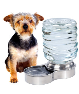 Bundaloo Dog Water Bowl Dispenser - Automatic Slow Refilling System Keeps Stainless Steel Drinking Dish Filled - Refillable 3 Liter Bottle, Non-Skid Feet - Clean, Safe, & Fresh Drink for Pet Dogs