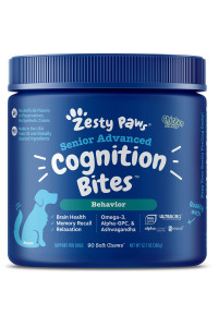 Zesty Paws Advanced Cognition Soft Chews for Dogs - with Omega 3 DHA, Ashwagandha & Alpha GPC - for Senior Dog Brain Health & Nervous System Support - Supplement for Calming & Relaxation - 90 Count