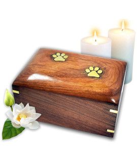 Lindia Memorial Beautiful Wooden Pet Urn with Brass Paw Design - Rosewood Pet Cremation Urn - Perfect Memorial Pet Urns for Dog and Cat Ashes (Medium)