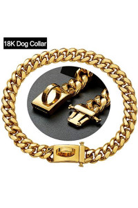 18K Gold Dog Collar Choker Necklace with Stainless Steel Buckle,Strong 304 Stainless Steel Metal Cuban Link Chain Dog Training Choke Collar for Small Medium Large Dogs (16inch, Gold)