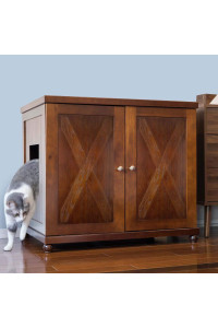 THE REFINED FELINE Cat Litter Box Enclosure Cabinet, Farmhouse, Mahogany Brown, Round Feet, XLarge, Hidden Litter Cat Furniture with Drawer