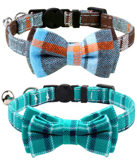 Joytale Updated Breakaway Cat Collar with Bow Tie and Bell, Cute Plaid Patterns, 2 Pack Girl Boy Kitty Safety Collars, Haze Blue+Teal