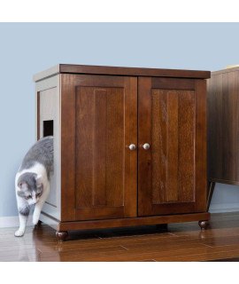 THE REFINED FELINE Cat Litter Box Enclosure Cabinet, Shaker, Mahogany Brown, Tulip Feet, Large, Hidden Litter Cat Furniture with Drawer