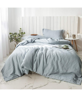 Simpleopulence 100 Linen Duvet Cover Set 3Pcs Basic Style Natural French Washed Flax Solid Color Soft Breathable Farmhouse Bedding With Button Closure - Dusty Blue, Full