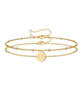 MONOZO gold Initial Bracelets for Women, Dainty 14K gold Filled Layered Beaded H Letter Initial Bracelet Personalized Alphabet Disc Monogram charm Bracelet Jewelry gifts for girls