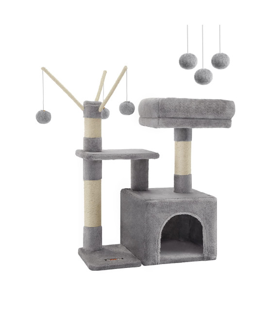 FEANDREA Cat Tree, Small Cat Tower with Padded Perch, Cat Cave, 3 Pompoms, Cat Activity Center, Light Gray UPCT121W01