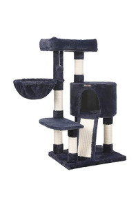 FEANDREA Cat Tree, 40.9 Inches, Cat Tower, Plush Cat Condo with Scratching Posts, Scratching Board, Cat Cave, Basket, Fur Ball, Cat Furniture, Blue UPCT140B01