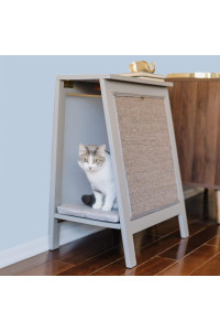 THE REFINED FELINE A-Frame Cat Bed Cave in Smoke Gray with Ventilated Base, Multipurpose Wood Cat Furniture Table, Easy To Clean Covered Cat Bed with Replaceable Scratching Post & Washable Cushion