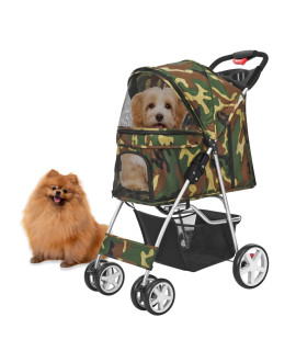 Flexzion Pet Stroller (Camouflage) Dog Cat Small Animals Carrier Cage 4 Wheels Folding Flexible Easy to Carry for Jogger Jogging Walking Travel Up to 30 Pounds with Sun Shade Cup Holder Mesh Window