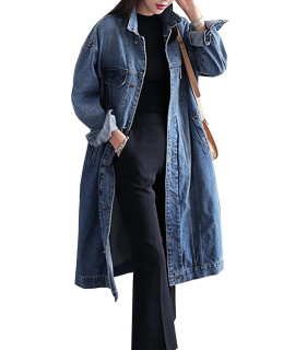 Jofemuho Womens Classic Long Jean Jacket Plus Size Loose Long Sleeve Button Down Denim Jacket Trench Coat Blue 4Xl