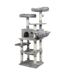 Hey-brother Multi-Level Cat Tree Condo for Large Cats, Cat Tower with Scratching Board, Padded Plush Perch and Cozy Basket Light Gray MPJ0025W