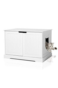 BANIROMAY Large Cat Washroom Storage Bench, Cats Litter Box Enclosure Furniture House and Nightstand Side Table, Spacious Cat Storage Cabinet