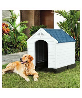 Cat and Dog Bed, Medium Size Dog House Outdoor White Blue Plastic with Elevated Floor