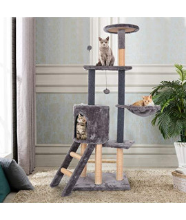 Daopwlkom Stable Cat Tree with Sisal Poles, Dangling Balls, Hammock and Condo, Padded Platform Cat Tower Furniture for Kittens (Gray)