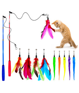 OODOSI Cat Toy Wand, Retractable Cat Feather Toys and Replacement Refills with Bells, Interactive Cat Toys for All Kind of Cat Kitten