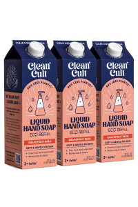 cleancult Liquid Hand Soap Refills (32oz, 3 Pack) - Hand Soap that Nourishes Moisturizes - Liquid Soap Free of Harsh chemicals - Paper Based Eco Refill, Uses 90 Less Plastic - grapefruit Basil