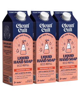 cleancult Liquid Hand Soap Refills (32oz, 3 Pack) - Hand Soap that Nourishes Moisturizes - Liquid Soap Free of Harsh chemicals - Paper Based Eco Refill, Uses 90 Less Plastic - grapefruit Basil