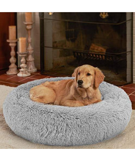 Ompaa Fluffy Round Calming Dog Beds for Medium Dogs and Cats, Super Soft Plush Pet Beds Washable, Puppy & Kitten Faux Fur Anxiety Donut Cuddler - Grey