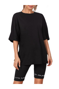 Verdusa Womens casual Basic Round Neck Half Sleeve Oversized Tunic Tee Shirt Black S