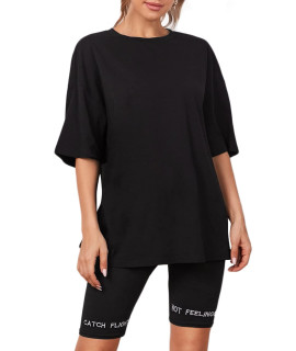 Verdusa Womens casual Basic Round Neck Half Sleeve Oversized Tunic Tee Shirt Black S