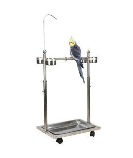 Olpchee Bird Feeder Stand Adjustable Height Rolling Bird Perch Play Stand with Universal Wheels Stainless Steel Parrot Playstand with Feeding Bowls