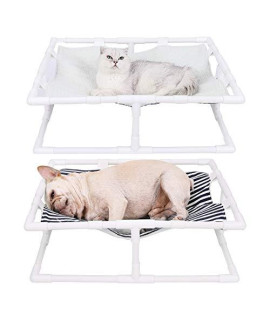 Reversible Elevated Cat Cot Bed Winter Summer Dual-Purpose Cat Hammock Puppy Nest Camping Bed Striped Canvas & White Fleece Portable Indooroutdoor Pet Lounge Detachable Cover Stable Pvc Frame