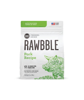 BIXBI Rawbble Freeze Dried Dog Food, Pork Recipe, 12 oz - 97% Meat and Organs, No Fillers - Pantry-Friendly Raw Dog Food for Meal, Treat or Food Topper - USA Made in Small Batches