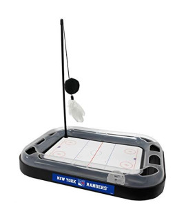 Cat Scratching Toy NHL NEW YORK RANGERS Hockey Field Cat Scratcher Toy with Interactive Cat Ball Bell in Tracks. 5-in-1 CAT TOY: Cat Wand Poll with CATNIP FILLED Plush Hockey Puck & Feathers.
