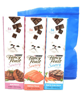 Tesadorz Bags and Fancy Feast Savory Cravings Cat Treats, 56 Treats (2 Salmon, 2 Beef and Crab, 2 Beef)