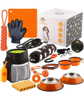 Puppy Starter Kit - Supplies, Accessories, 23 pc Set with Feeding Bowls, Lick Mat, Training Aids, Leash, collar, Toys, Potty Training Bells & More for New Dogs, Orange