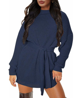 Zesica Womens Long Sleeve Solid Color Waffle Knitted Tie Wasit Tunic Pullover Sweater Dress,Navy,Small