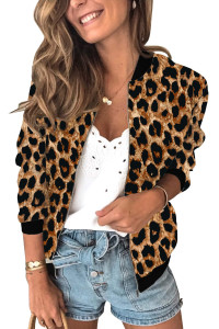 Ecowish Womens Jackets Lightweight Zip Up Casual Inspired Bomber Jacket Leopard Coat Stand Collar Short Outwear Tops Leopard Large
