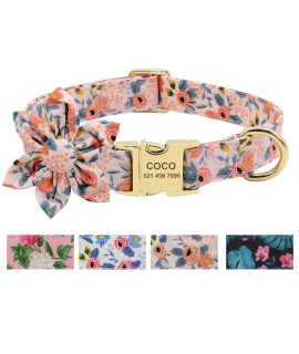 Beirui Custom Flower Girl Dog Collar For Female Dogs- Floral Pattern Engraved Pet Collars With Personalized Gold Buckle(Orange Pattern, M)