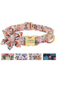 Beirui Custom Flower Girl Dog Collar For Female Dogs- Floral Pattern Engraved Pet Collars With Personalized Gold Buckle(Orange Pattern, S)