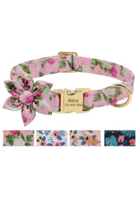 Beirui Custom Flower Girl Dog Collar For Female Dogs- Floral Pattern Engraved Pet Collars With Personalized Gold Buckle(Pink Pattern, L)