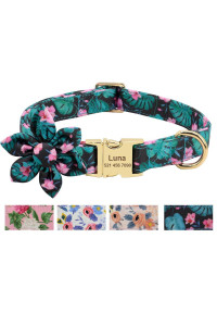 Beirui Custom Flower Girl Dog Collar For Female Dogs- Floral Pattern Engraved Pet Collars With Personalized Gold Buckle(Green Pattern, L)