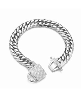 Aiyidi Heavy Double Cuban Link Chain Dog Collar Stainless Steel Silver Chain for Dog, Waterproof, Chewproof, Luxury Zirconia Lock Dog Necklace, Width16MM Dog Chain Collar for Medium Large Dogs(10'')